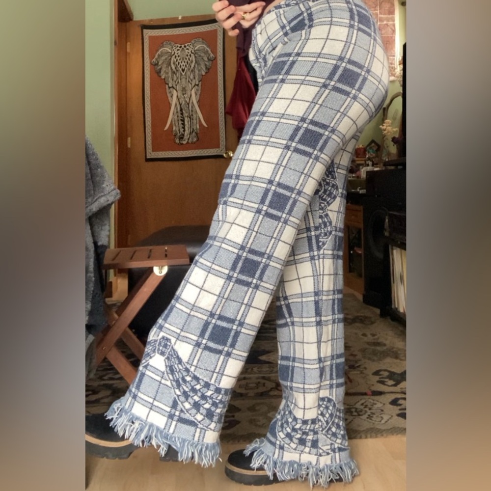 One of One Custom Cozy Plaid Wide Leg Pants with Fringe